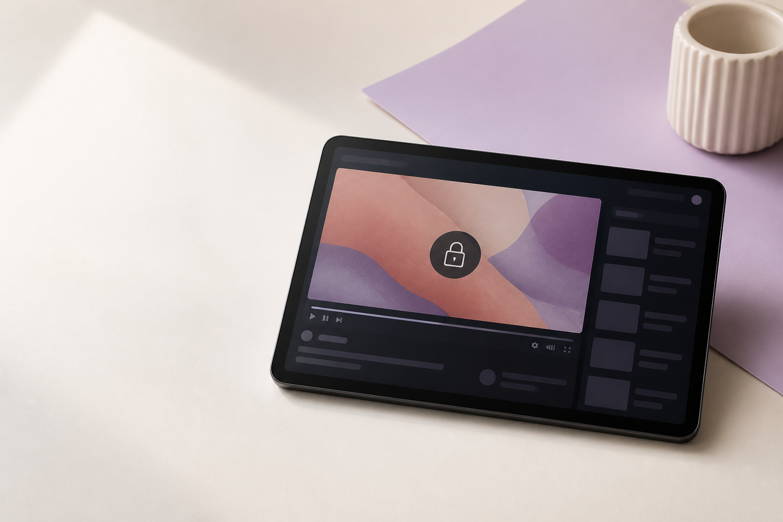 A tablet displaying a protected video player with a padlock symbol